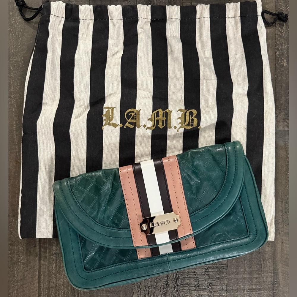 L.A.M.B. Rock Steady Embossed Leather Clutch Green Gwen Stefani Rare No Doubt